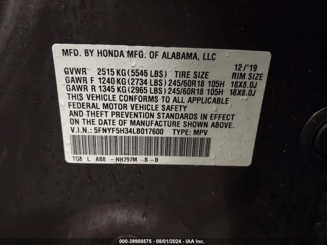 Honda Pilot 2wd Ex 2020 5FNYF5H34LB017600 Image 9