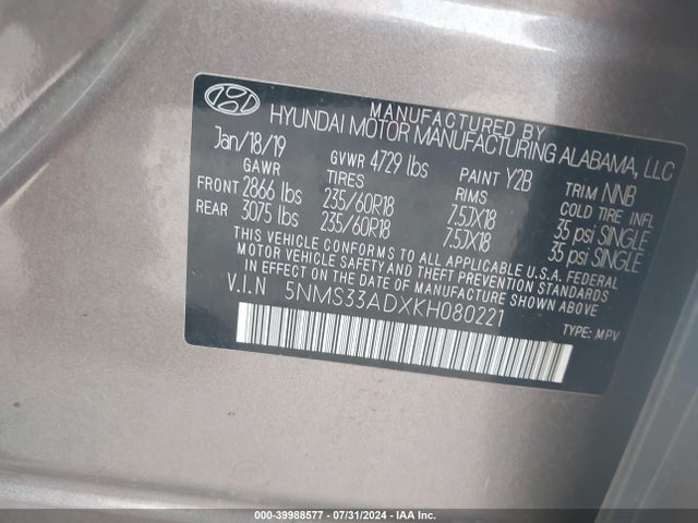 5NMS33ADXKH080221 Hyundai Santa Fe Sel Plus
