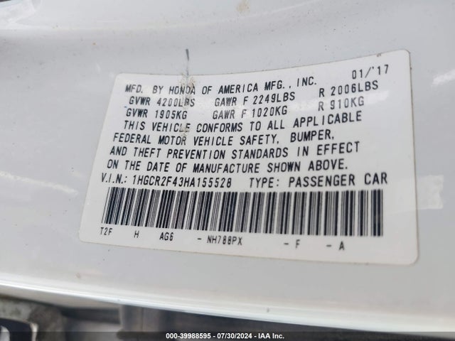 Honda ACCORD LX 2017 1HGCR2F43HA155528 Image 9