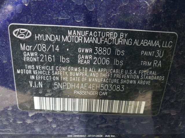 5NPDH4AE4EH503083 Hyundai ELANTRA SE