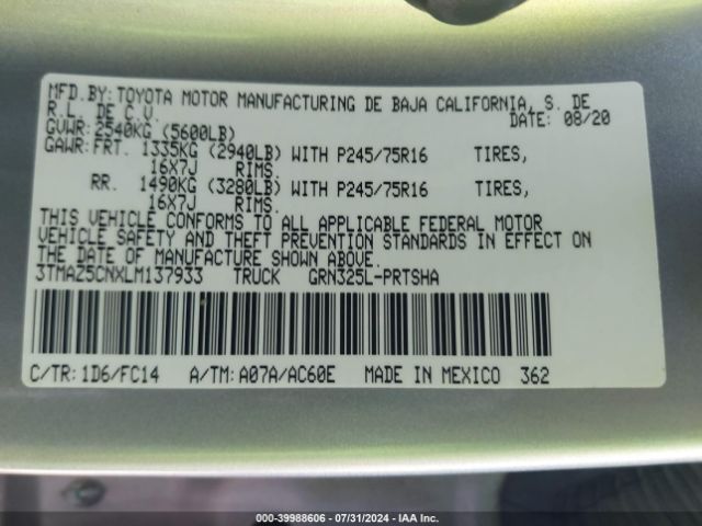 3TMAZ5CNXLM137933 Toyota Tacoma Sr5 V6