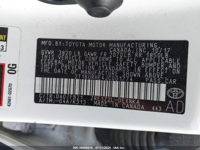 Toyota COROLLA LE 2018 2T1BURHE4JC001774 Image 9