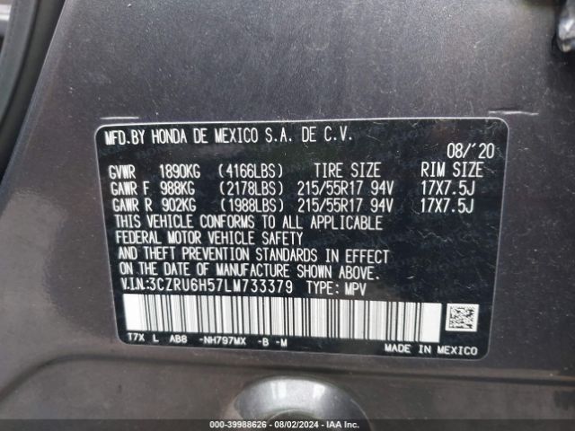 3CZRU6H57LM733379 Honda Hr-v Awd Ex