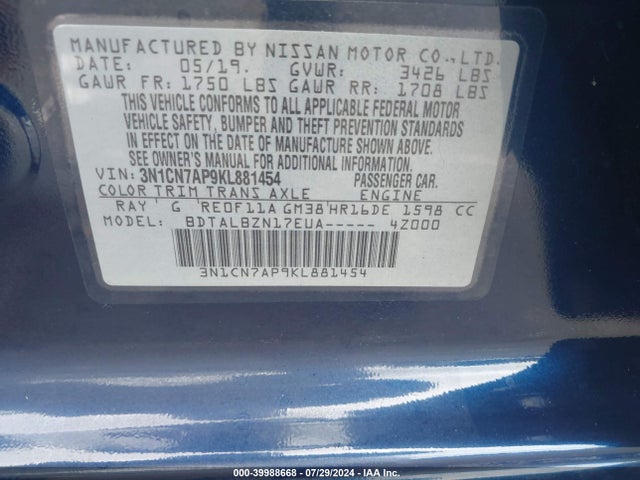 Nissan Versa 1.6 Sv 2019 3N1CN7AP9KL881454 Image 9
