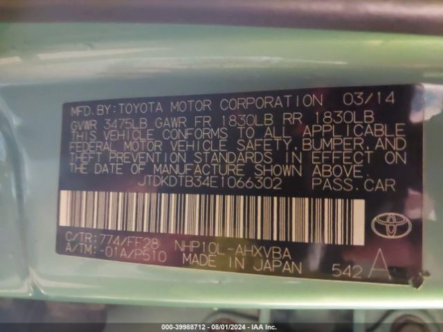 JTDKDTB34E1066302 Toyota Prius C Two