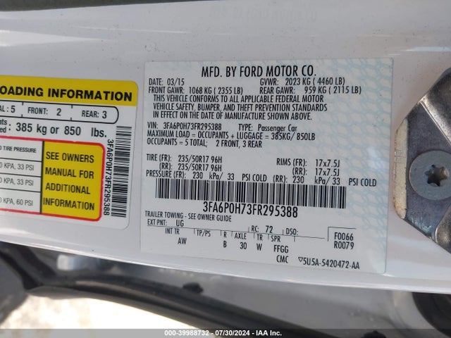 Ford FUSION SE 2015 3FA6P0H73FR295388 Image 9