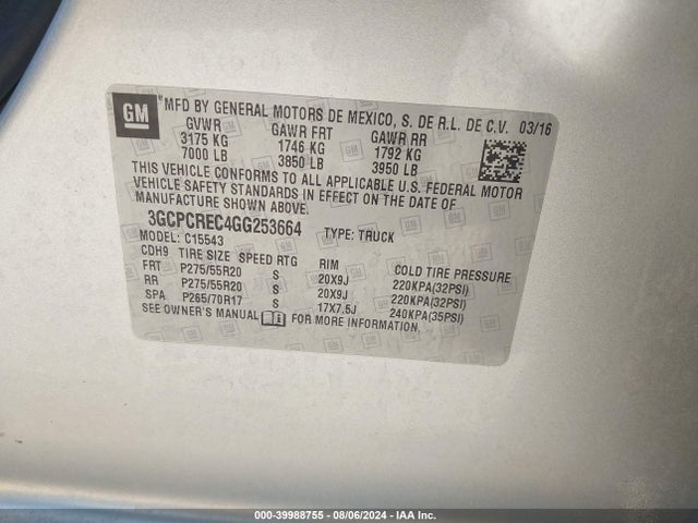 3GCPCREC4GG253664 Chevrolet Silverado 1500 1lt