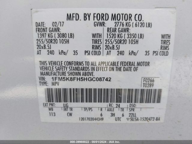 1FM5K8FH5HGC08742 Ford Explorer Limited