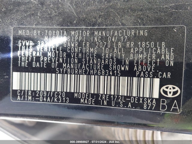 Toyota COROLLA SE 2017 5YFBURHE7HP683415 Image 9