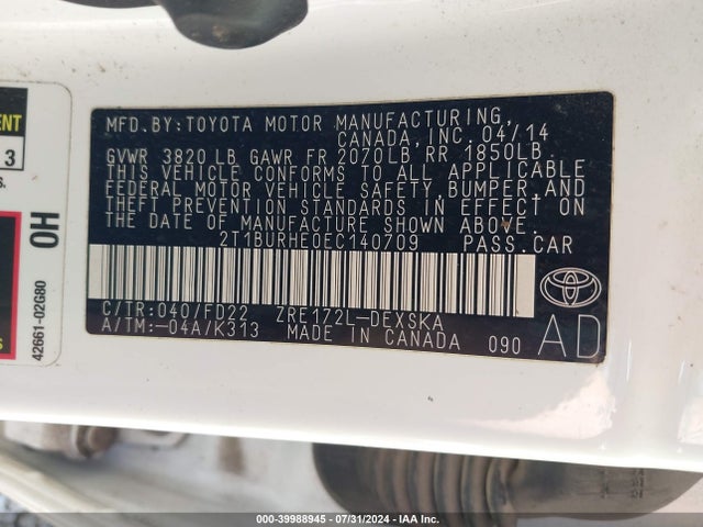 Toyota Corolla S Plus 2014 2T1BURHE0EC140709 Image 9
