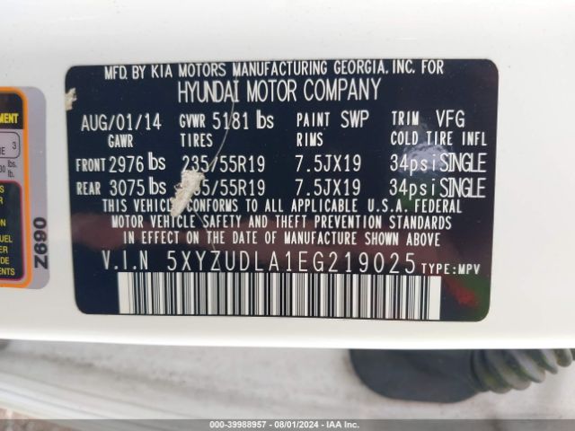 5XYZUDLA1EG219025 Hyundai Santa Fe Sport 2.0l Turbo