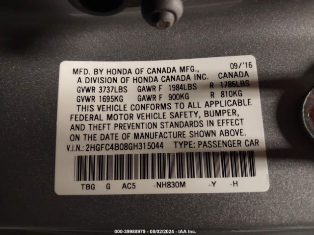 2HGFC4B08GH315044 Honda Civic Lx-p