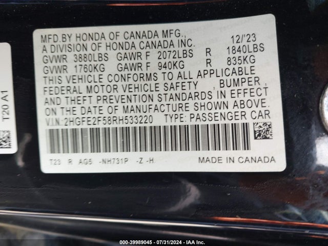 Honda Civic Sport 2024 2HGFE2F58RH533220 Image 9