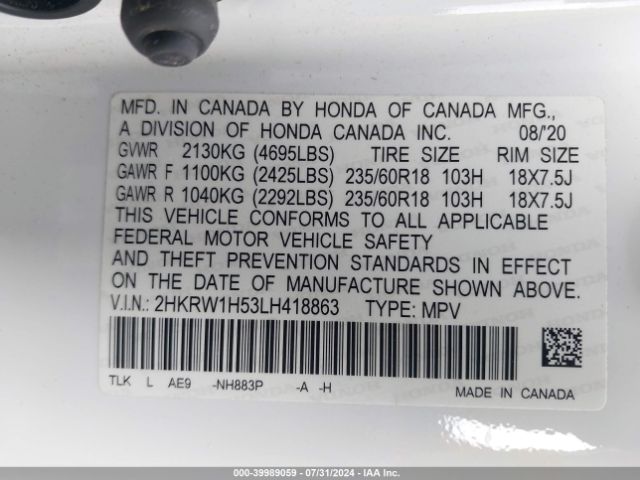 2HKRW1H53LH418863 Honda Cr-v 2wd Ex