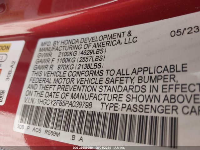 1HGCY2F85PA039798 Honda Accord Hybrid Touring