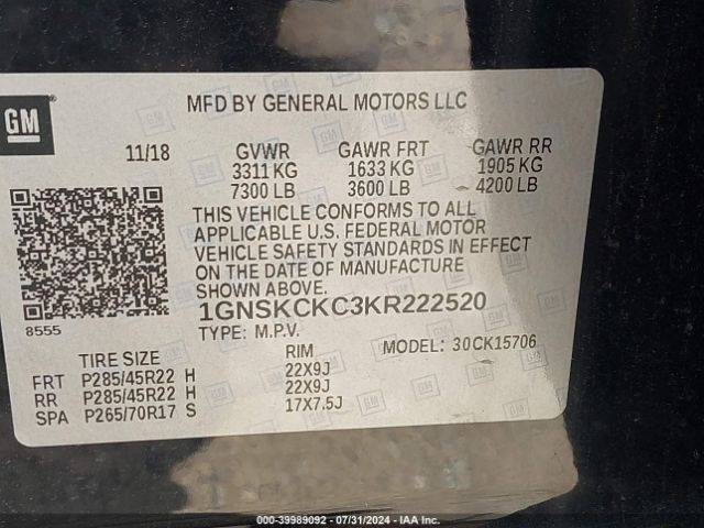 1GNSKCKC3KR222520 Chevrolet Tahoe Premier