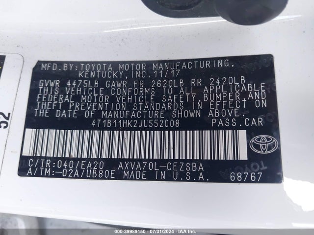Toyota CAMRY SE 2018 4T1B11HK2JU552008 Image 9