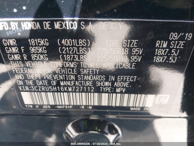 3CZRU5H16KM727112 Honda HR-V SPORT