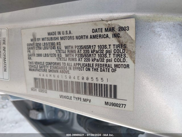 2004 MITSUBISHI ENDEAVOR 4A4MN41S04E005551 Photo 8