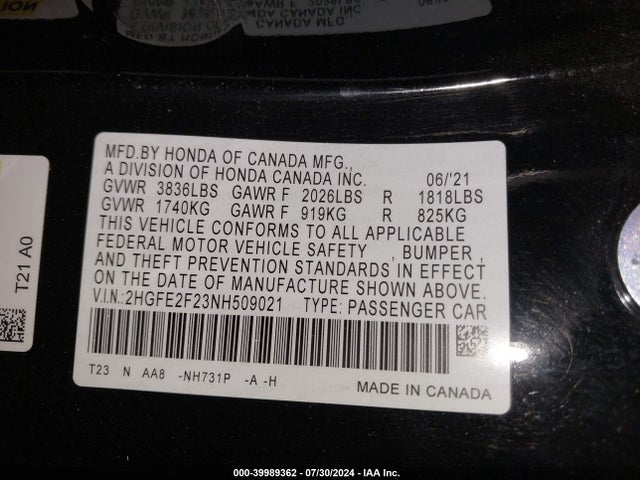Honda Civic Lx 2022 2HGFE2F23NH509021 Image 9