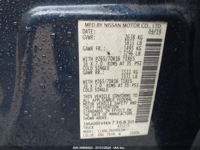 1N6AD0EV4KN736830 Nissan Frontier Sv