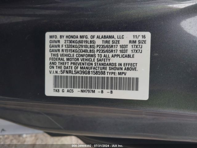 5FNRL5H39GB158598 Honda ODYSSEY SE