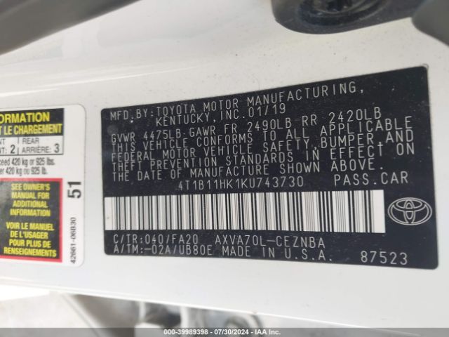 4T1B11HK1KU743730 Toyota CAMRY LE