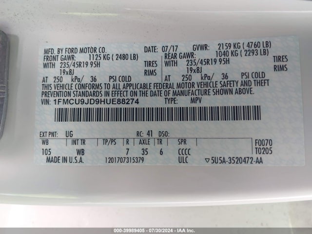 Ford Escape Titanium 2017 1FMCU9JD9HUE88274 Image 9
