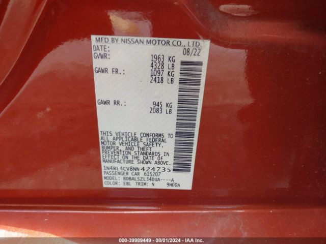 1N4BL4CV8NN424735 Nissan Altima Sr Fwd