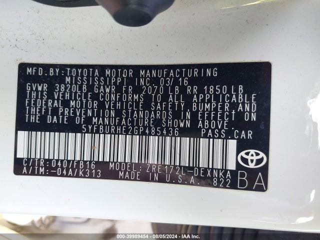 Toyota COROLLA LE 2016 5YFBURHE2GP485436 Image 9