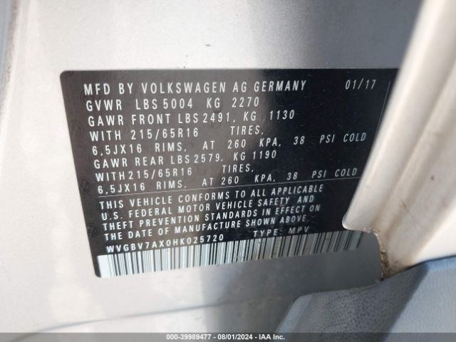 WVGBV7AX0HK025720 Volkswagen Tiguan 2.0t/2.0t S