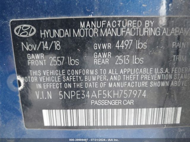 5NPE34AF5KH757974 Hyundai Sonata Sport