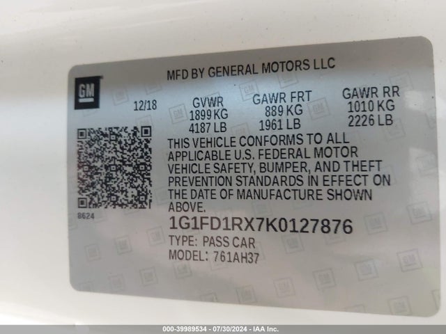 Chevrolet Camaro 2lt 2019 1G1FD1RX7K0127876 Image 9