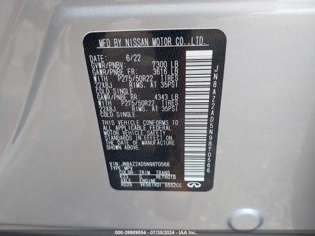 JN8AZ2AD5N9870566 Infiniti Qx80 Premium Select