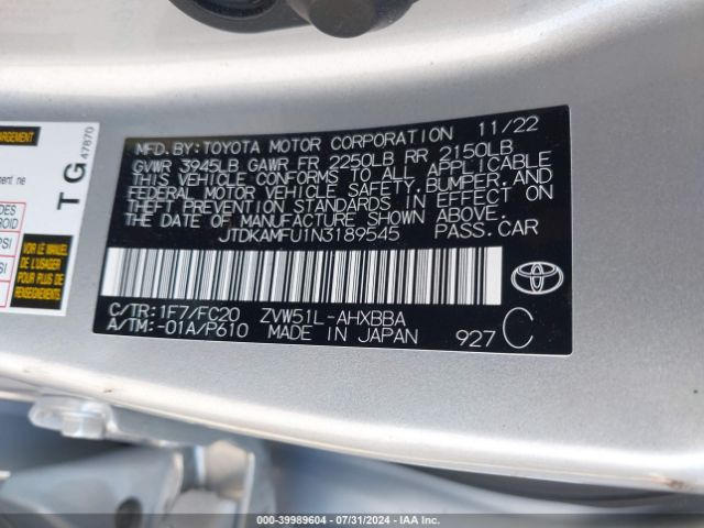 JTDKAMFU1N3189545 Toyota Prius L