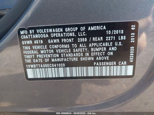 1VWBT7A35EC041020 Volkswagen Passat 1.8t Se