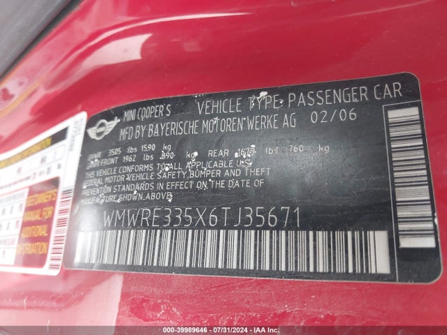 2006 MINI COOPER S WMWRE335X6TJ35671 Photo 8