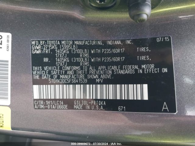 5TDYK3DC5FS641539 Toyota Sienna Xle Premium 8 Passenger