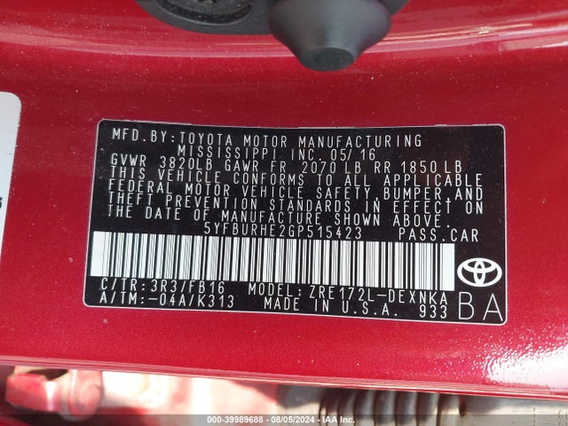 Toyota COROLLA LE 2016 5YFBURHE2GP515423 Image 9