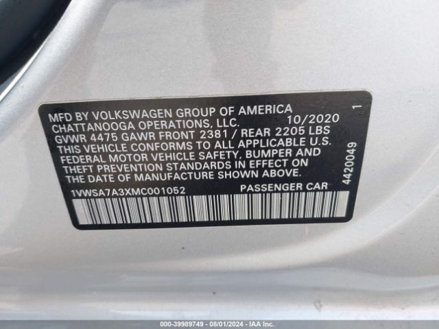 1VWSA7A3XMC001052 Volkswagen Passat 2.0t Se