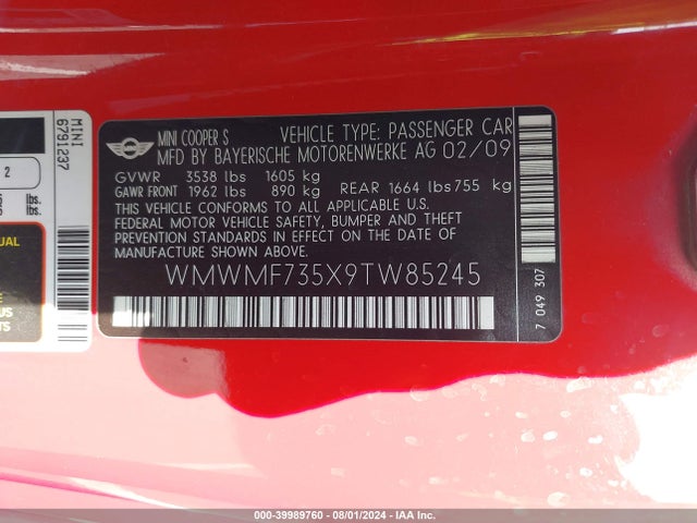 2009 MINI COOPER S WMWMF735X9TW85245 Photo 8