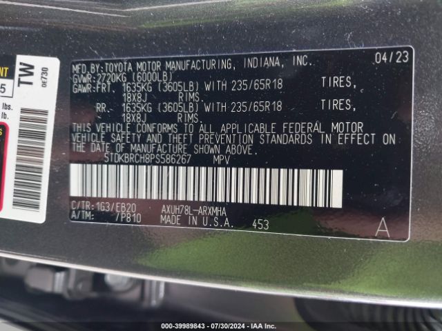 5TDKBRCH8PS586267 Toyota Highlander Hybrid Xle