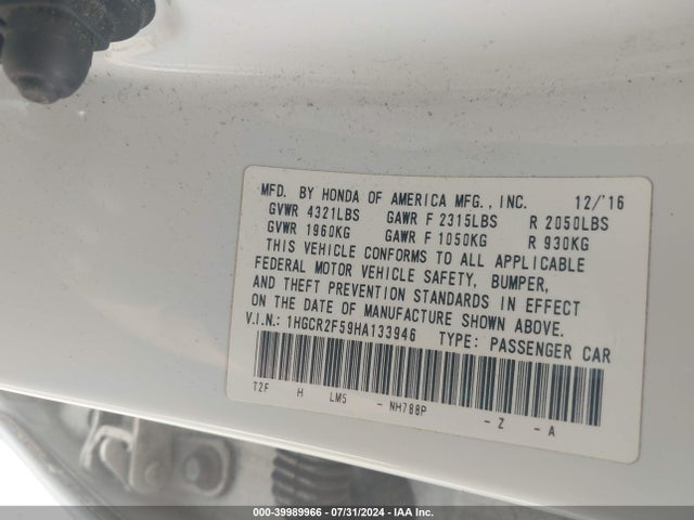 Aukcja sprzedaży 2017 Honda Accord Sport, vin: 1HGCR2F59HA133946, numer aukcji: 39989966