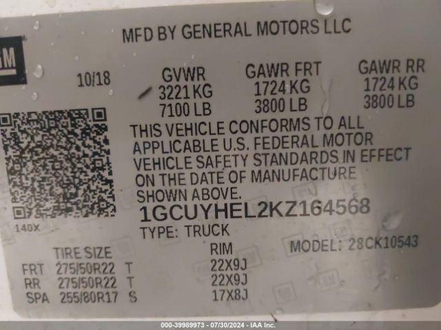 1GCUYHEL2KZ164568 Chevrolet Silverado 1500 High Country