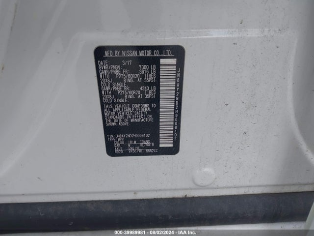 JN8AY2ND2H9008102 Nissan Armada Platinum/sl/sv