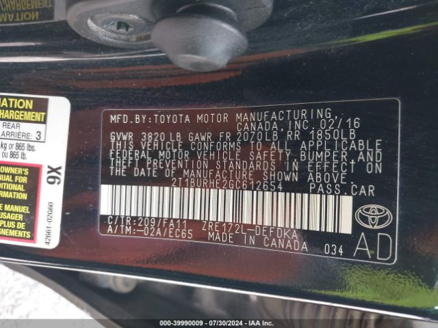 2T1BURHE2GC612654 Toyota COROLLA L