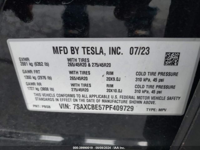 7SAXCBE57PF409729 Tesla Model X Dual Motor All-wheel Drive/standard Range