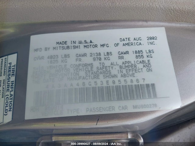 2003 MITSUBISHI GALANT 4A3AA46G53E055867 Photo 8