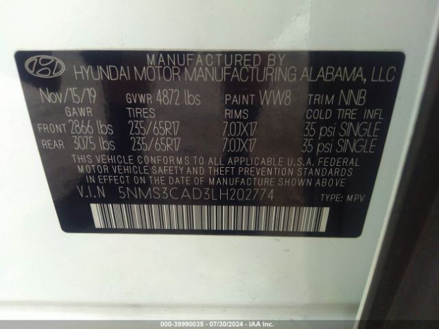 5NMS3CAD3LH202774 Hyundai Santa Fe Sel
