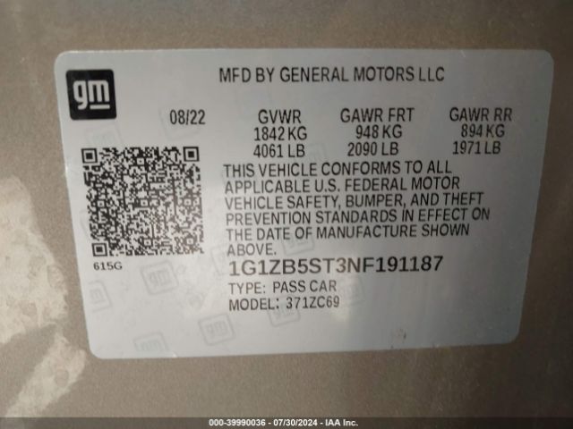 1G1ZB5ST3NF191187 Chevrolet Malibu Fwd Ls